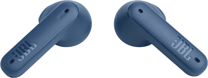 Zwei blaue JBL Ohrhörer. Jeder Ohrhörer ist so geformt, dass er ins Ohr passt.