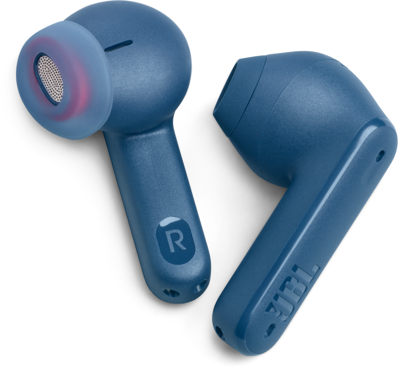 Zwei blaue JBL-Ohrhörer, einer mit sichtbarer roter und blauer Innenkomponente.