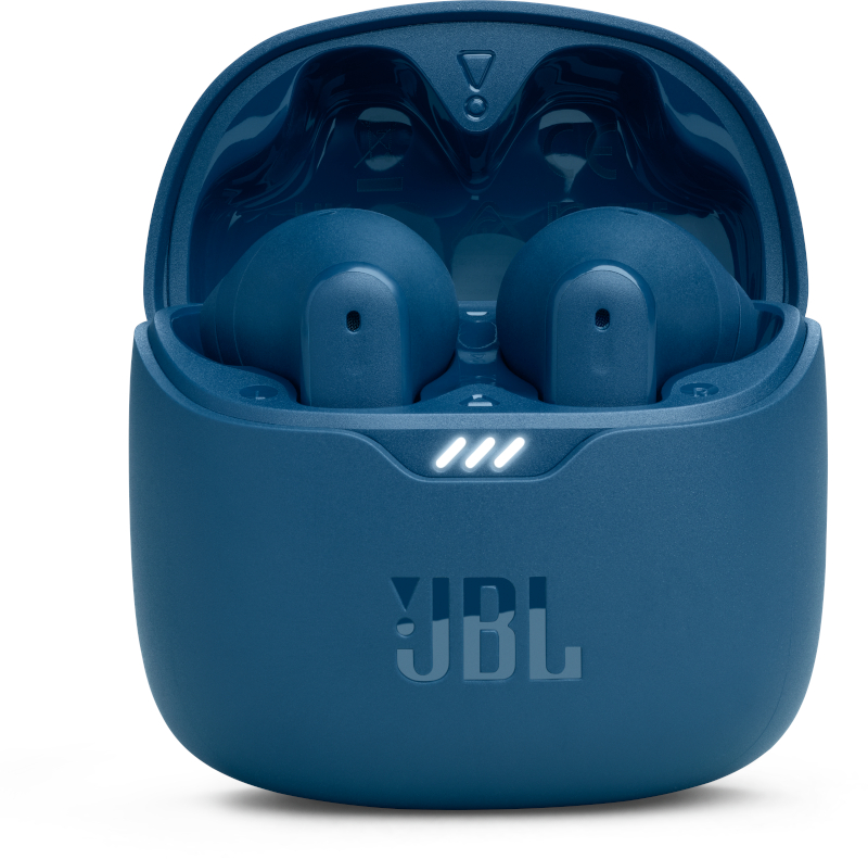 Blaue kabellose JBL-Ohrhörer, offenes Etui. Drei weiße Lichter zeigen den Batteriestatus an.