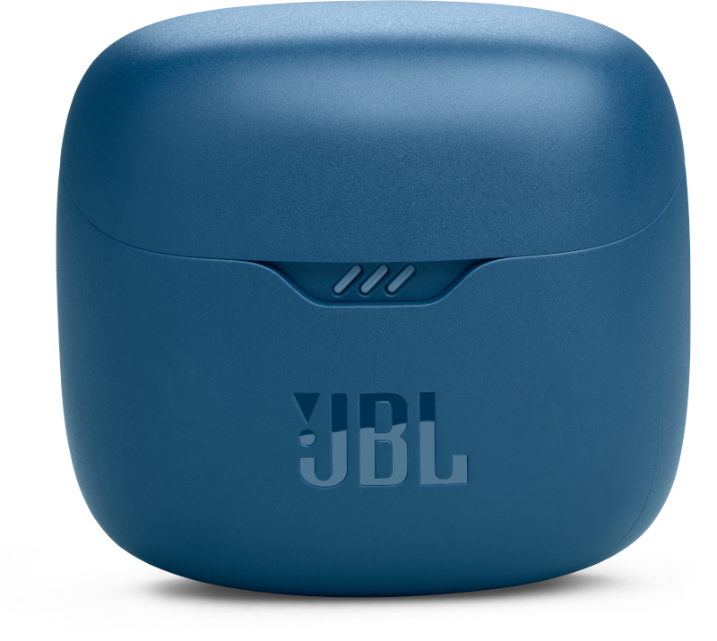 Nahaufnahme eines blauen JBL-Kopfhörergehäuses, mit JBL-Logo sichtbar.