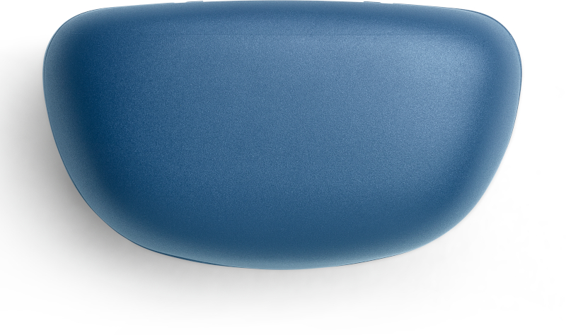 Ein blaues, hartes Brillenetui. Das Etui ist oval und hat eine glatte Oberfläche. Der Boden ist schattiert.