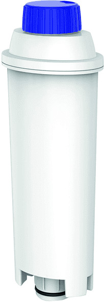 White water filter cartridge with a blue cap on top, isolated on white.