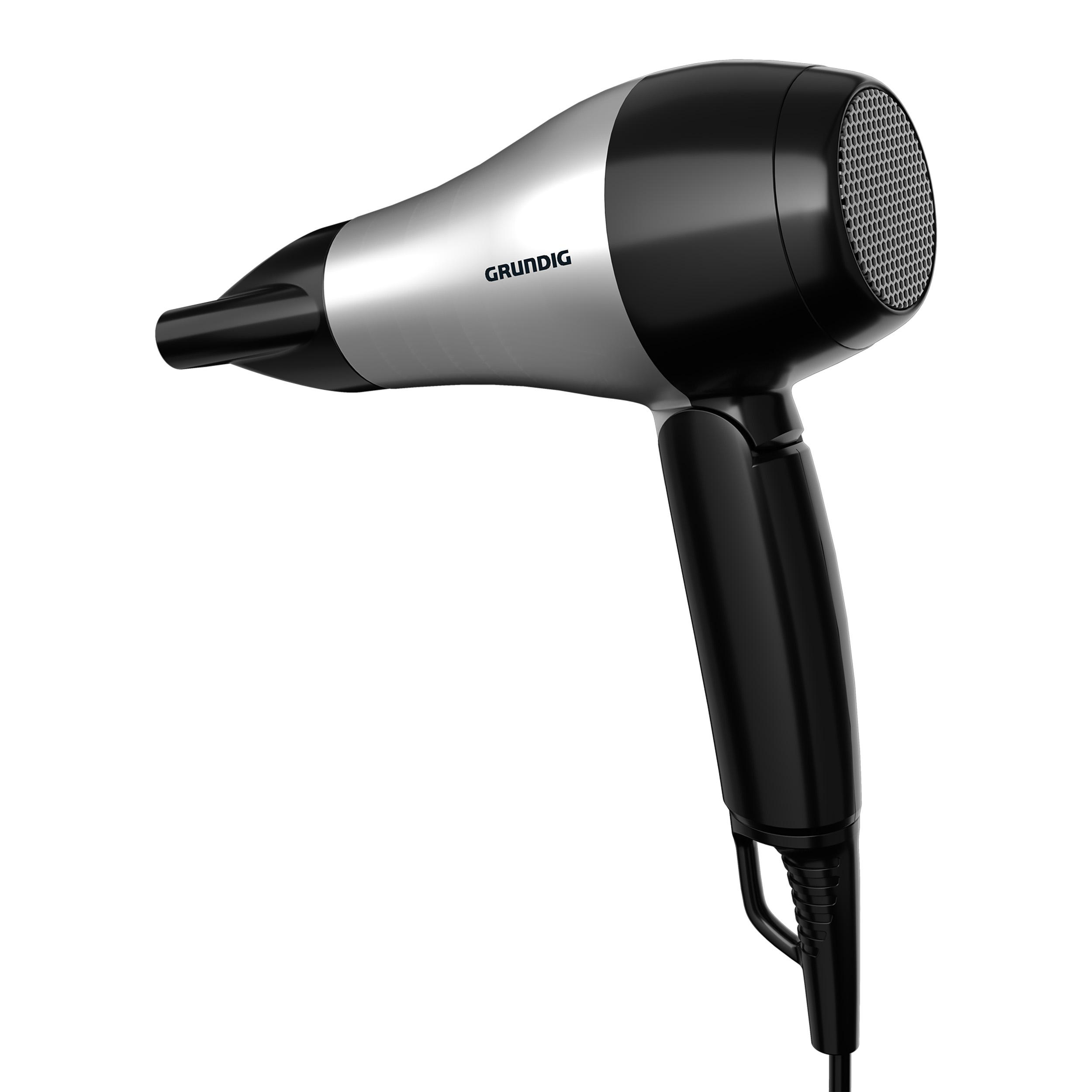 Schwarzer und silberner Grundig Haartrockner, schräge Ansicht, mit schwarzem Kabel.
