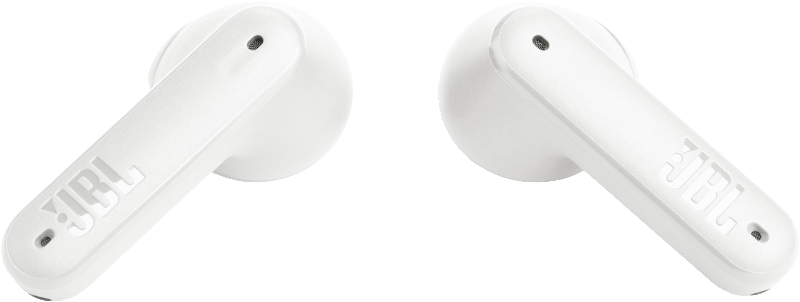 Zwei weiße JBL-Wireless-Ohrhörer. Der Markenname ist auf dem Stiel zu sehen.