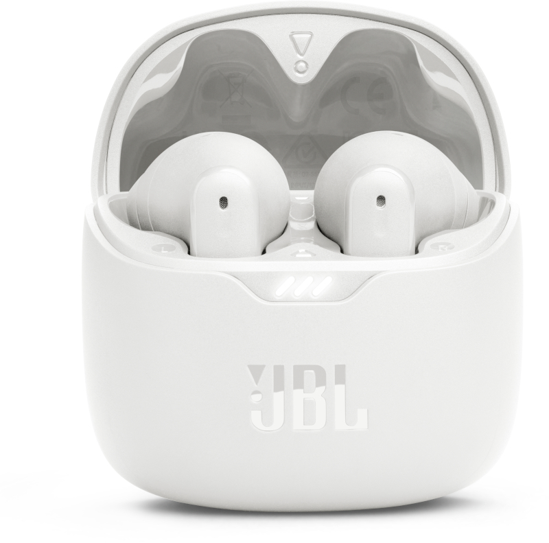 Weiße JBL-Ohrhörer in ihrem geöffneten Ladeetui, Draufsicht.