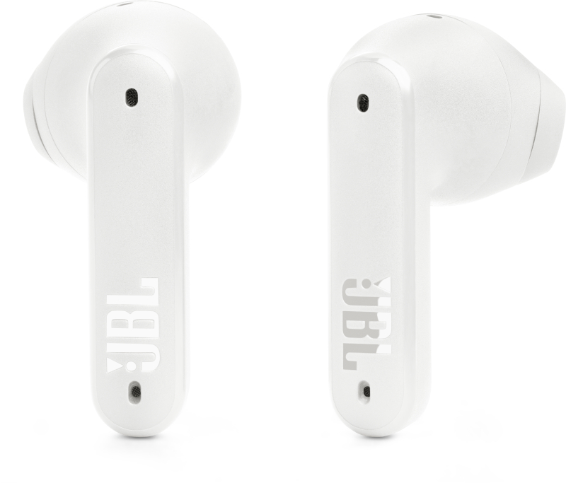 Zwei weiße JBL-Ohrhörer, die den Markennamen zeigen.