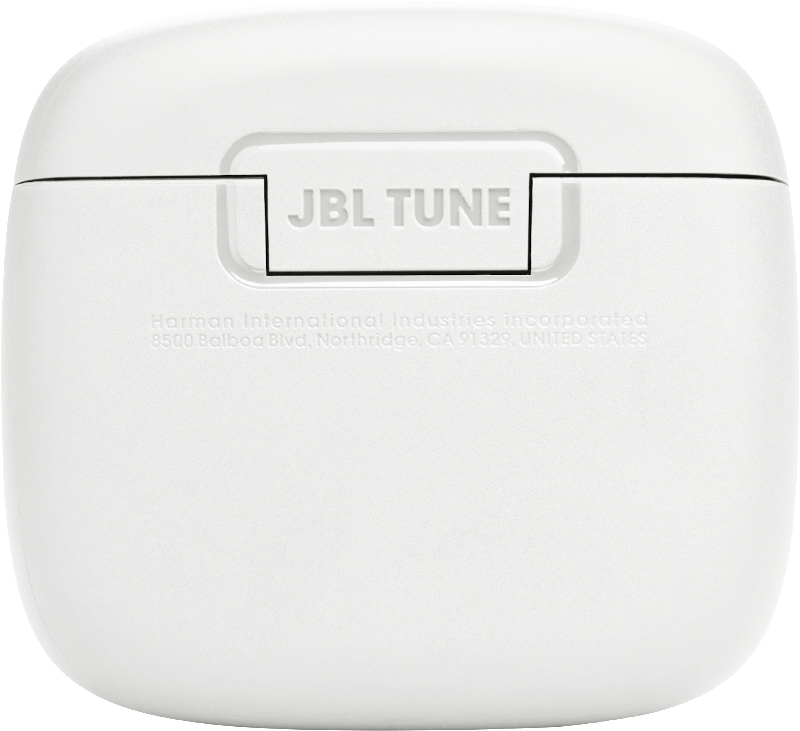 Weißes JBL Tune-Etui mit Logo. Das Etui hat eine rechteckige Vertiefung mit dem Logo.