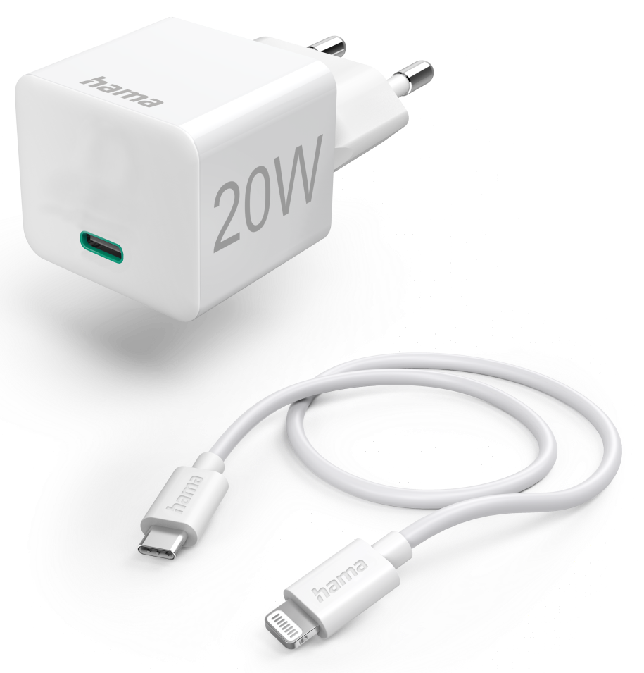 HAMA FIC E3 hálózati töltő szett, (PD) 20W+Type-C - Lightning, 1 méter, fehér (201620)