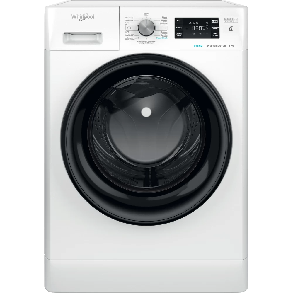 Lavadora Whirlpool blanca con puerta negra.