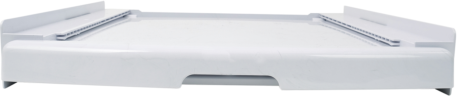 White rectangular tray with a curved design, viewed from a low angle.