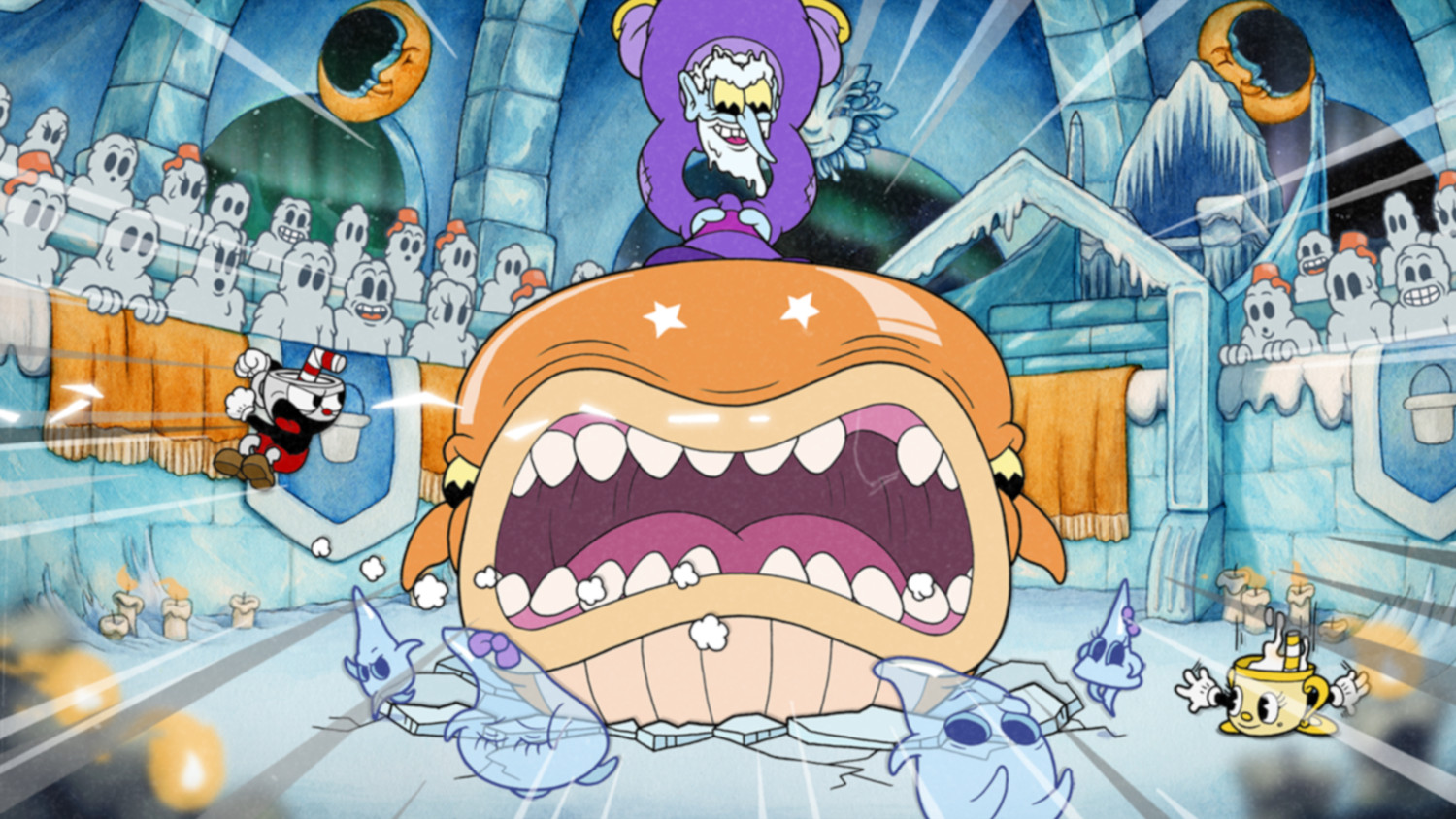 Cuphead-personage vecht tegen een walvisbaas in een cartoonachtig ijslevel.