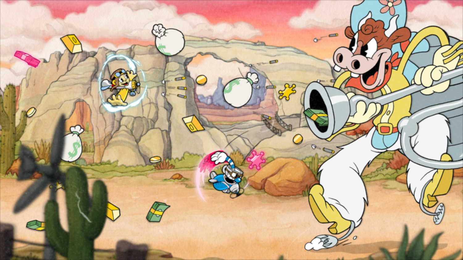 Cartoonscène uit een videogame. Een koe-personage schiet geld op een kleine bij. Woestijnachtergrond.