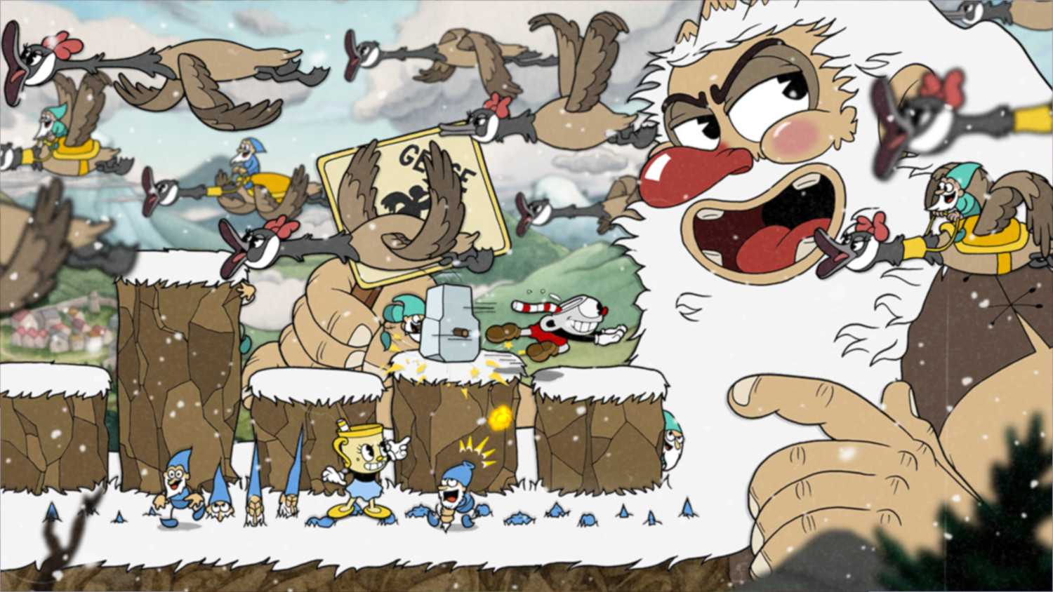 Cartoonscene van een gigantische sneeuwman, Cuphead en ganzen in de vlucht, met sneeuw en kliffen.