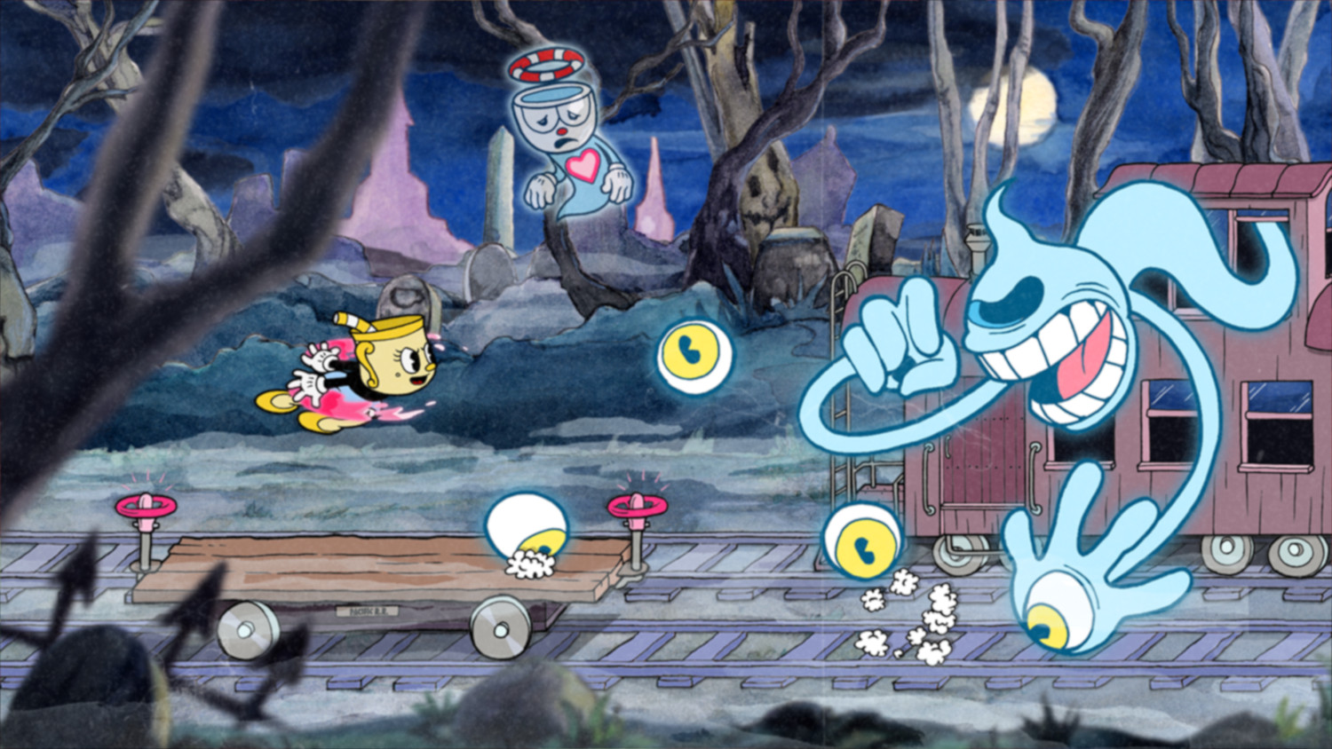 Cuphead-personage rent op een spoor, achtervolgd door een spook in een spookachtige omgeving.