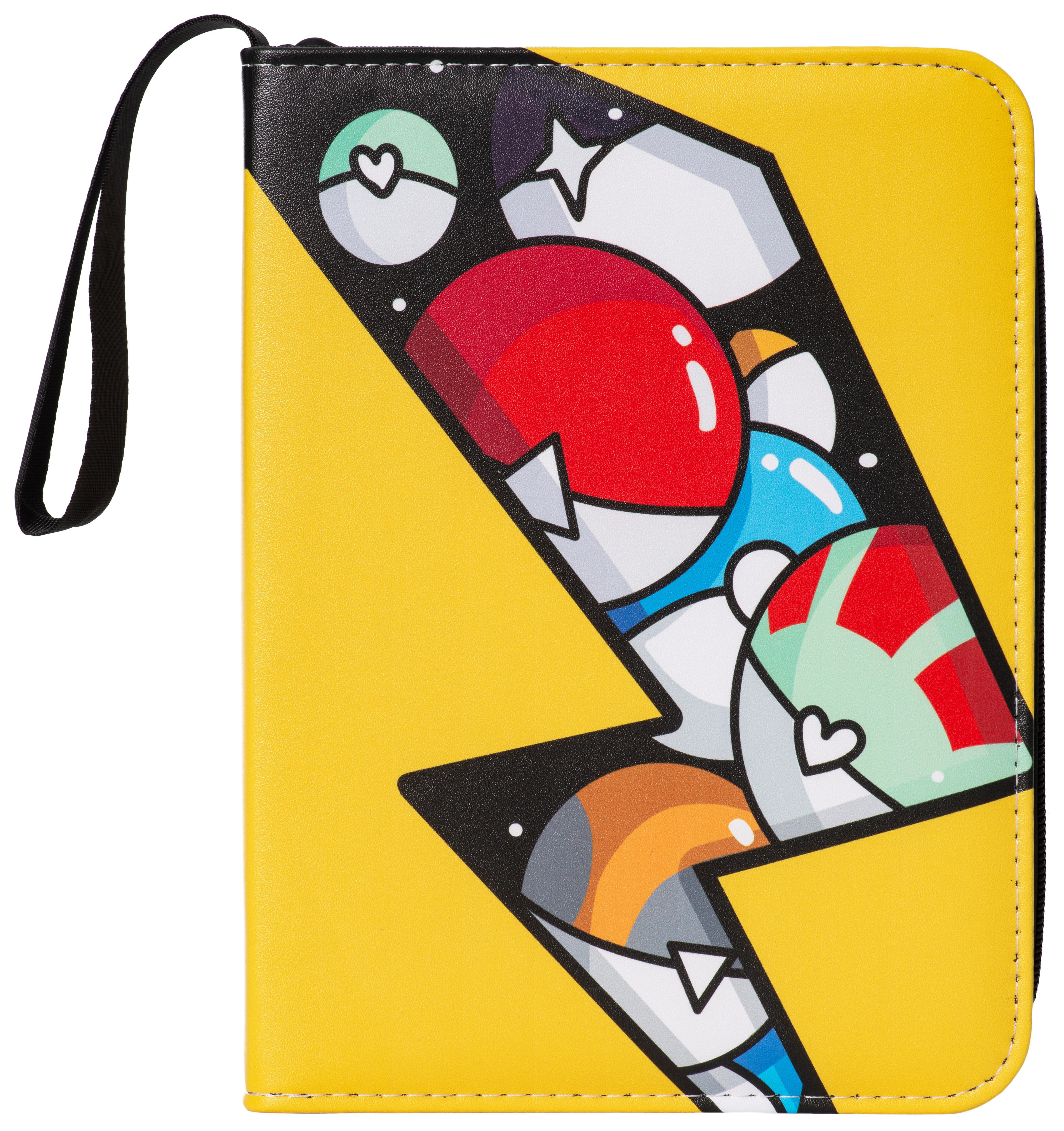Gelber Pokemon-Kartenordner. Pikachu-Blitz-Design und schwarze Handschlaufe.