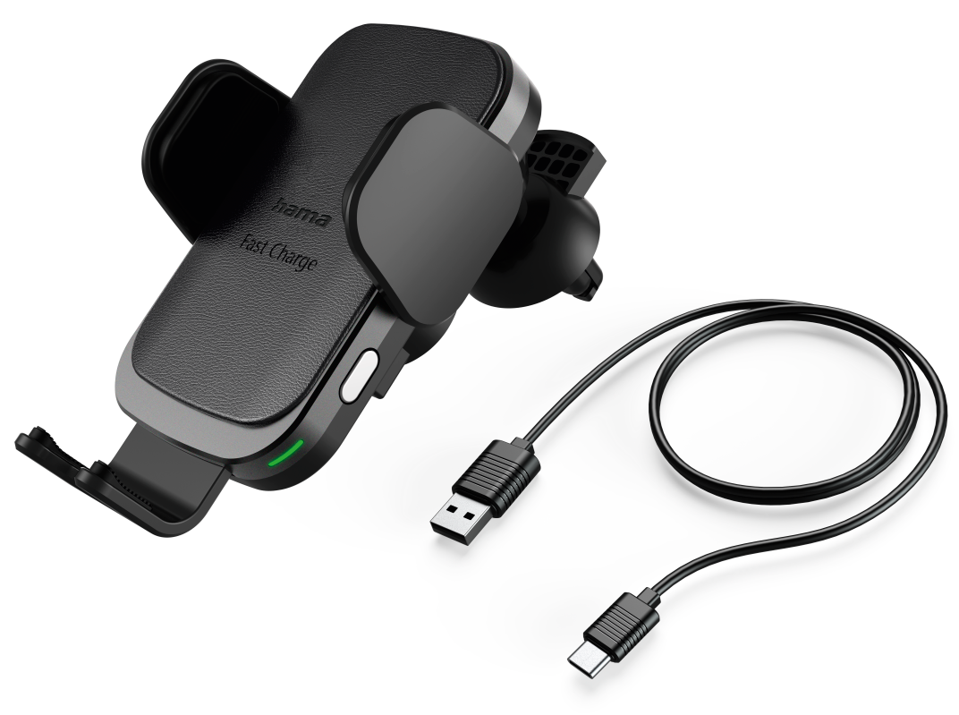 Fekete autós telefontartó USB kábellel, Hama márkájú.