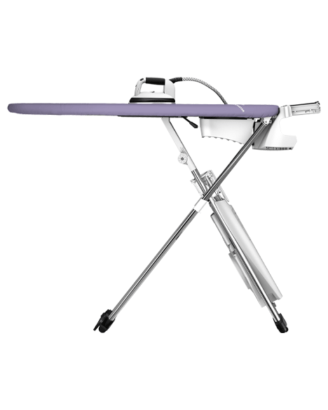 Ironing board with an iron on it. The board is white and purple, with a stand.