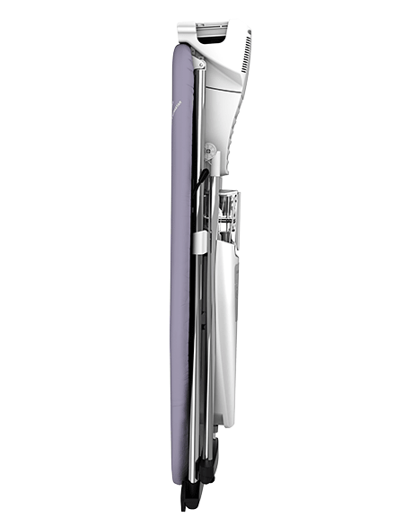 Side view of a folded white and purple ironing board and iron.