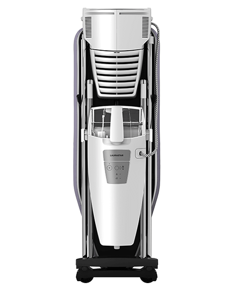 White and silver ironing machine. Vertical view, black background.