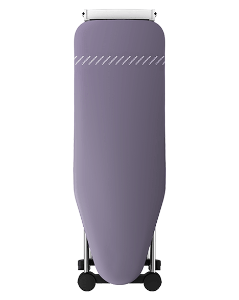 An ironing board with a purple cover, on a black background.