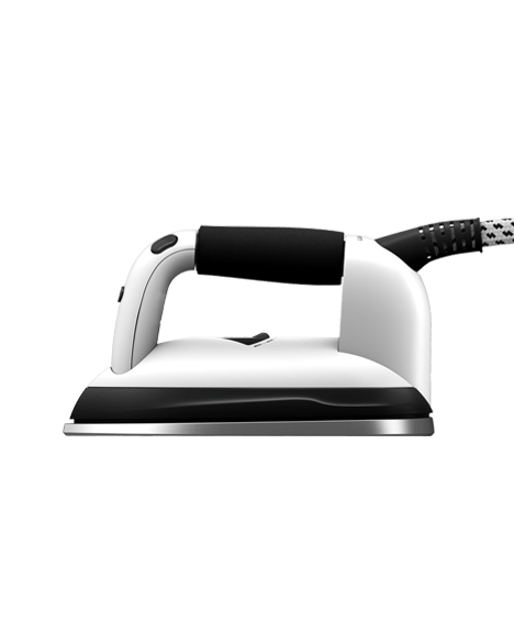 A white iron with a black handle and a black and white cable.