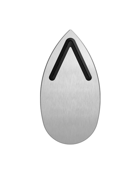 A silver teardrop-shaped object with a black v-shaped design on a black background.