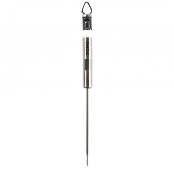 Stainless steel DOMO food thermometer, with detached top and probe.