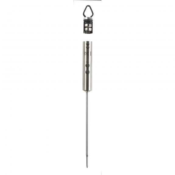 A stainless steel thermometer with a long probe, and a black handle.