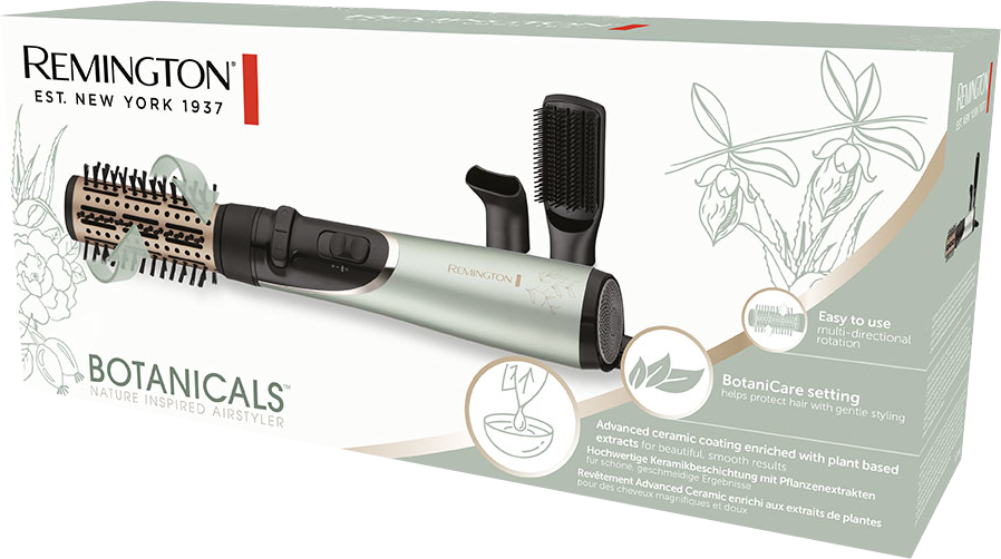 Egy Remington Botanicals hajformázó és tartozékai a dobozában. A dobozon szöveg és a formázó képei láthatók.