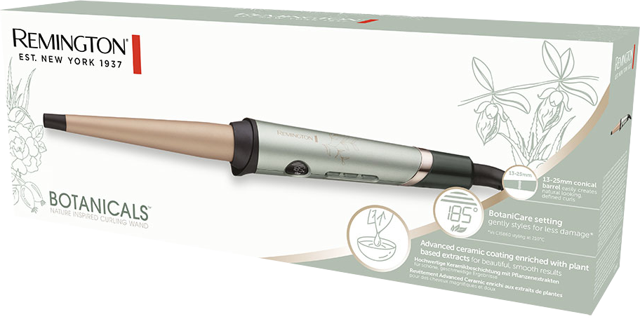 Remington Botanicals hajformázó a dobozban, bemutatva a pálcát és a funkciók részleteit.