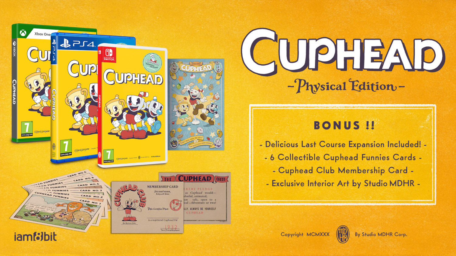 Gameboxset van Cuphead Physical Edition met bonuskaarten en kunst.