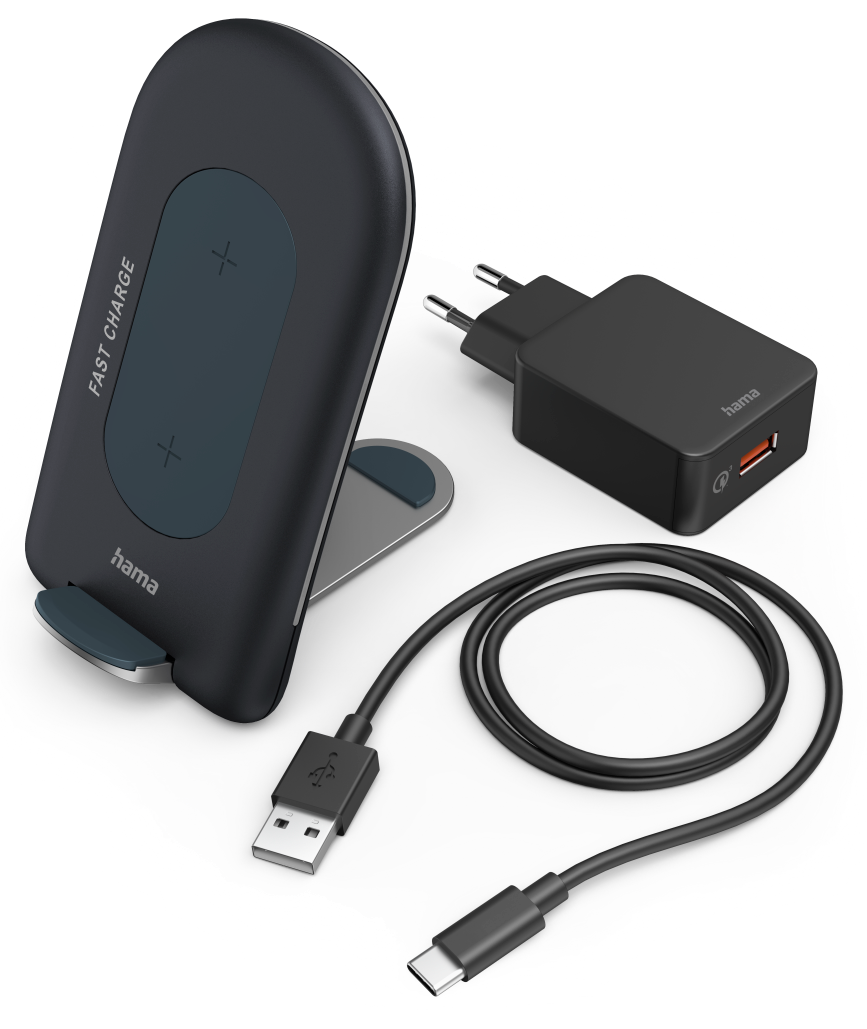 Fekete vezeték nélküli töltő töltőkábellel, USB töltővel és hálózati adapterrel.
