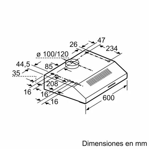 Dibujo técnico de una campana extractora con dimensiones en milímetros.