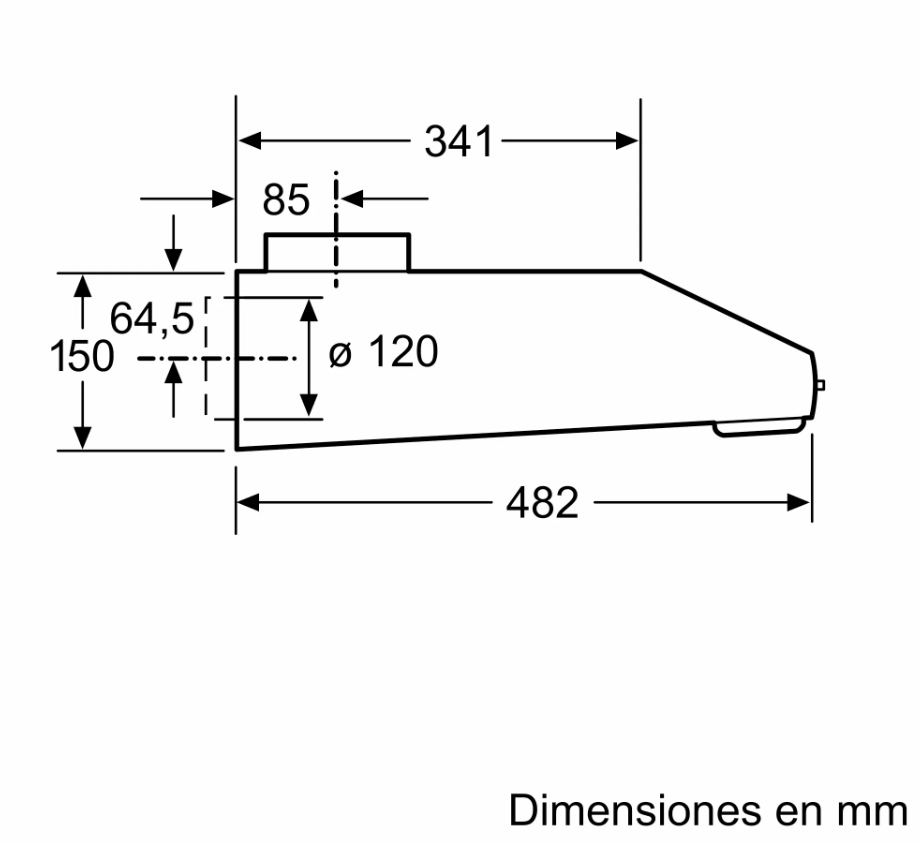 Dibujo técnico con dimensiones en mm. Muestra una vista lateral de un producto con medidas.