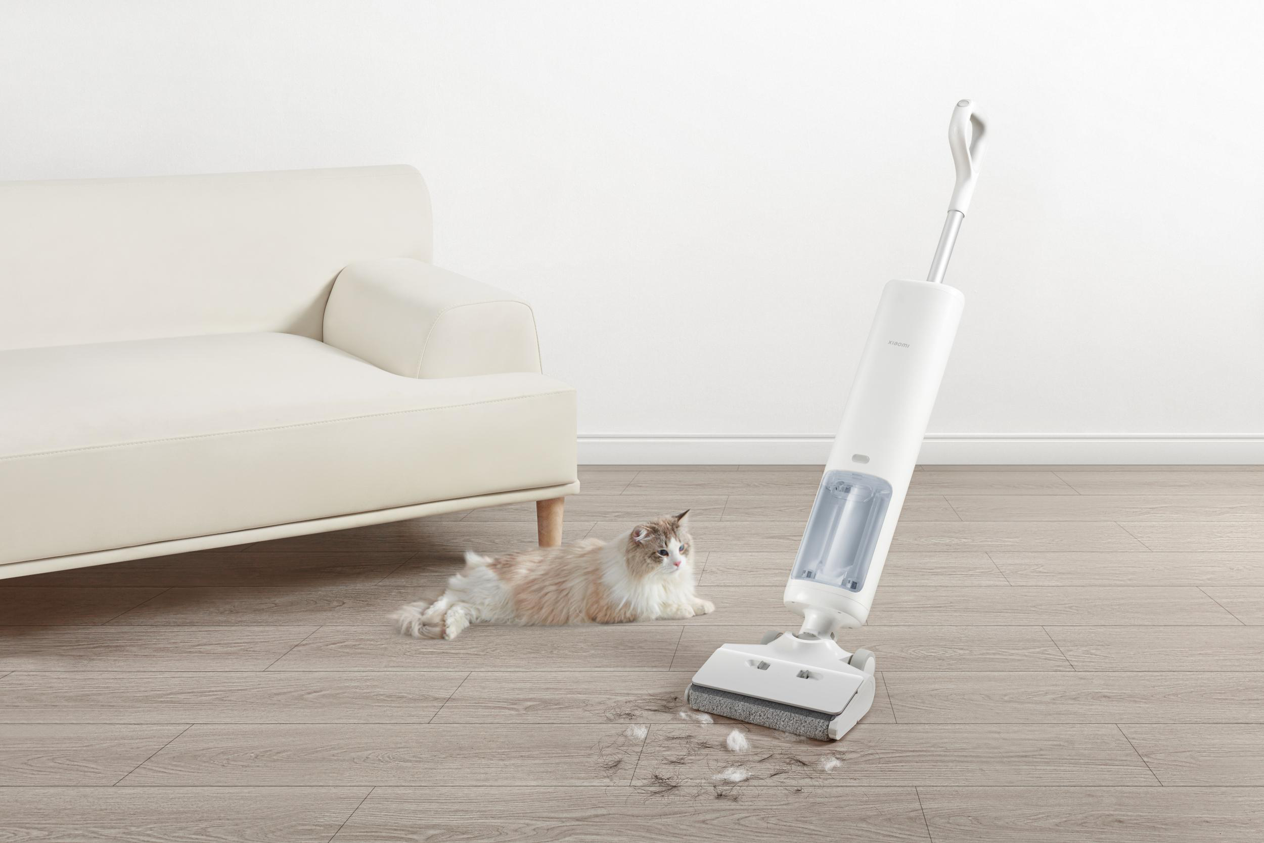 Ein weißer Staubsauger reinigt den Boden. Eine Katze liegt auf dem Boden.