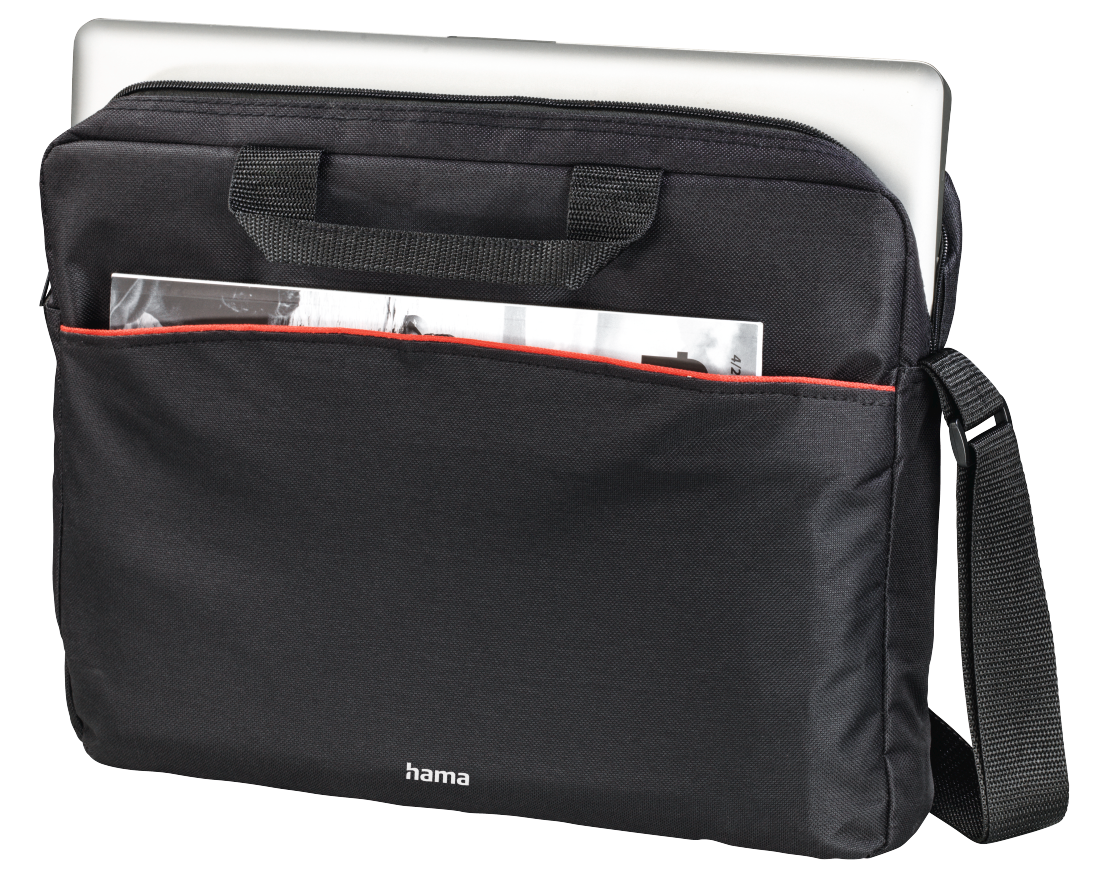 Egy fekete laptop táska egy laptop-pal benne, egy magazinnal az elülső zsebben és egy vállpánttal.