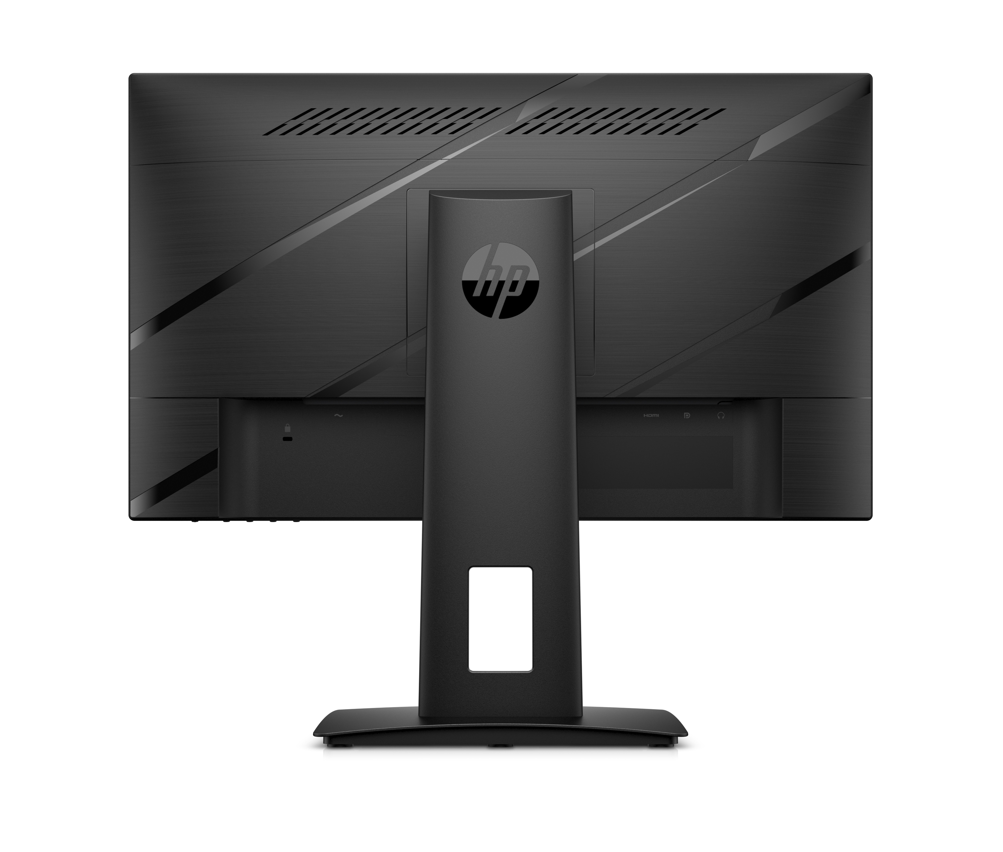 Siyah bir HP bilgisayar monitörünün arka görünümü.