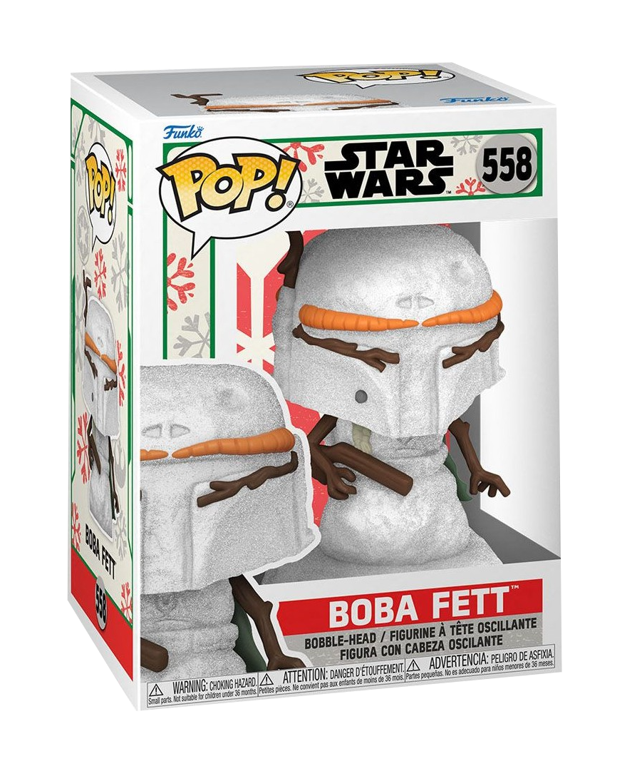 Figura Funko Pop! Boba Fett Snowman en una caja. Colores blanco, verde y rojo.