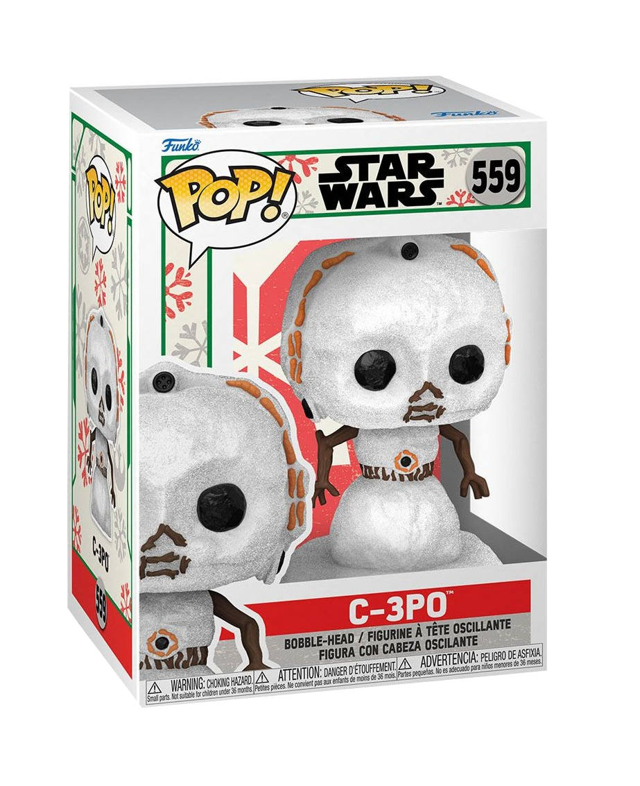 Figura C-3PO Star Wars Funko Pop en caja, con diseño temático navideño.