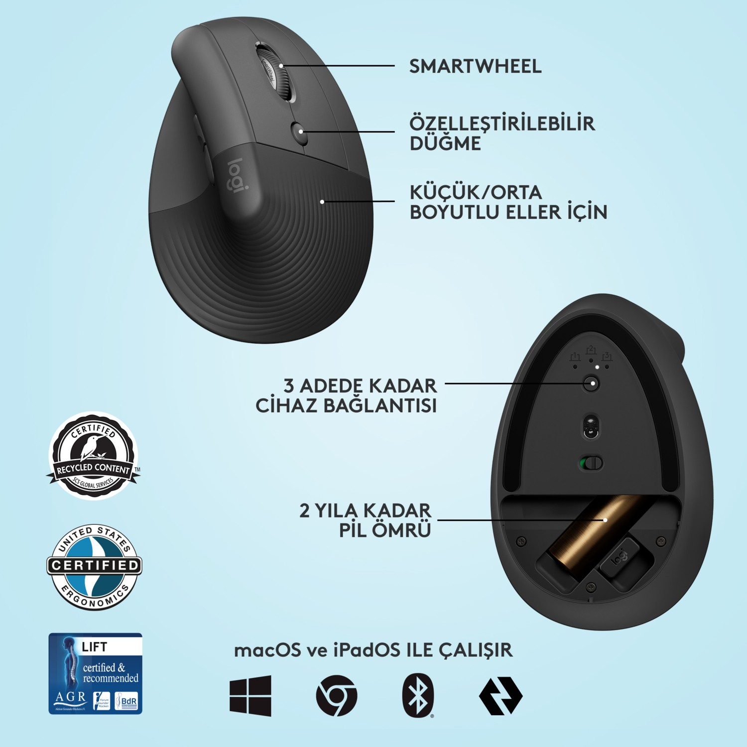 Etiketler ve pil bölmesi olan ergonomik siyah ve gri kablosuz fare.