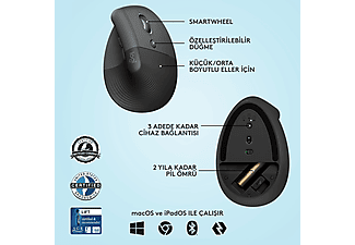 LOGITECH Lift Sessiz Kablosuz Ergonomik Dikey Mouse - Siyah_5