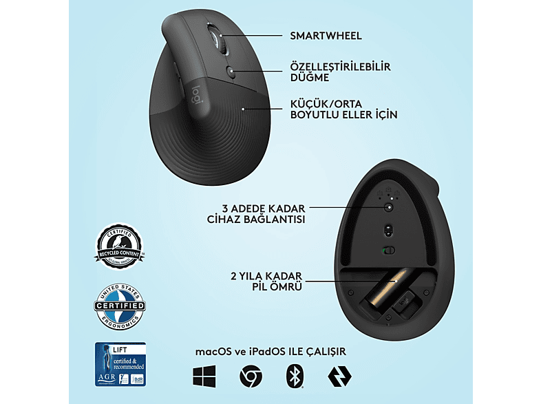 LOGITECH Lift Sessiz Kablosuz Ergonomik Dikey Mouse - Siyah_5