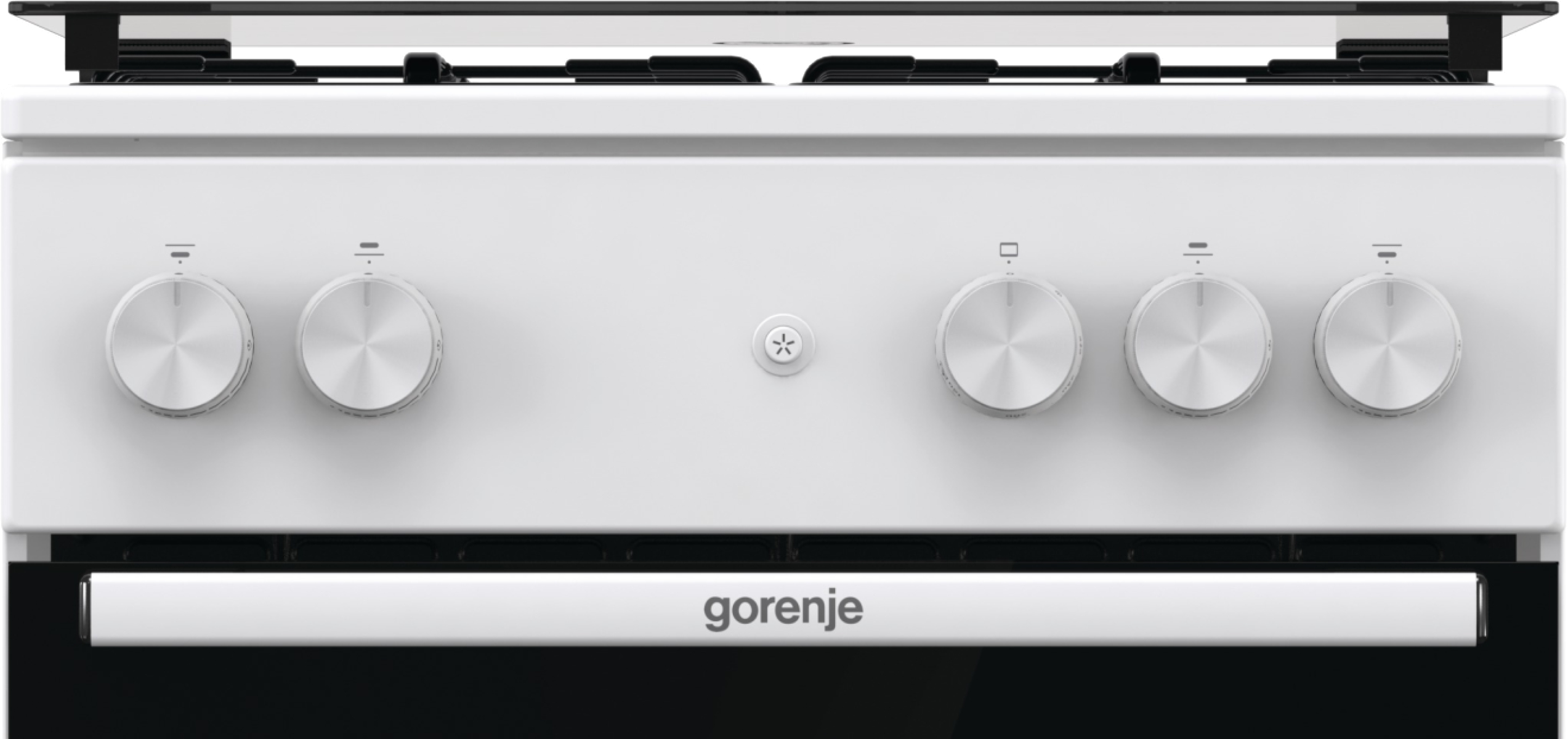 Ein weißer und schwarzer Gorenje-Ofen mit Bedienknöpfen und einem Logo auf der Frontplatte.
