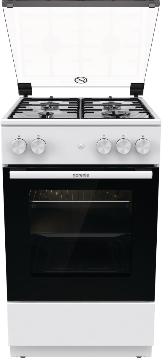 Weißer Gorenje-Herd. Vier Brenner, Glasabdeckung. Schwarze Ofentür. Silberne Knöpfe.