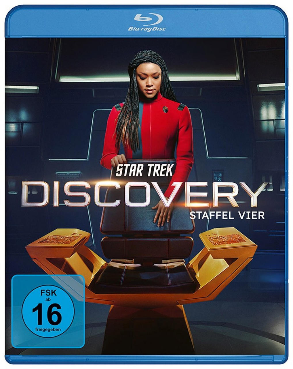 Blu-ray-Disc-Hülle für Star Trek: Discovery. Das Cover zeigt eine Frau in roter Uniform.