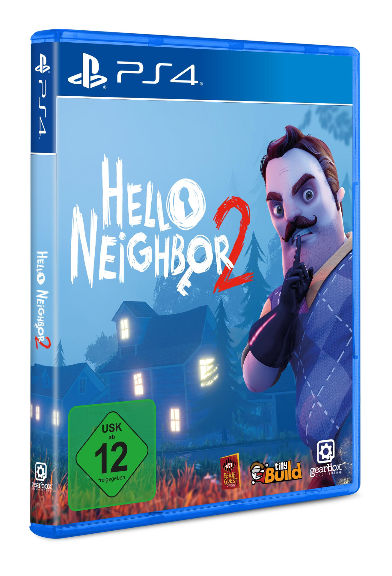 Hello Neighbor 2 PS4-Spielbox. Ein Mann mit Schnurrbart ist auf dem Cover.