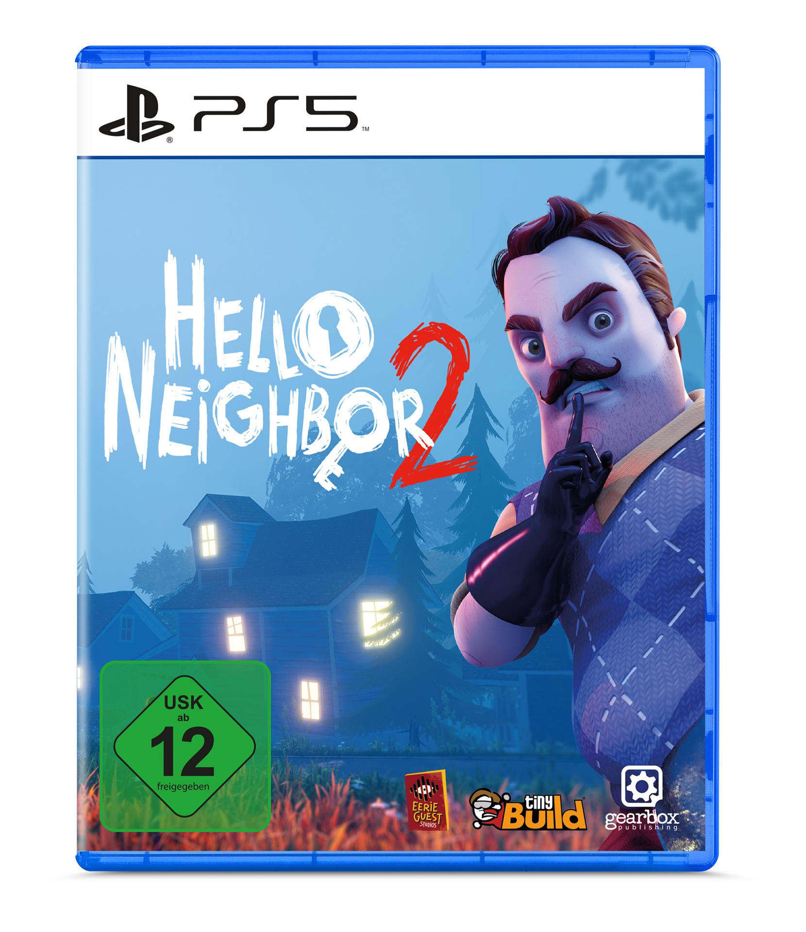 PS5-Spielbox. Hallo Nachbar 2. Ein Mann mit Schnurrbart hält einen Finger an seine Lippen.