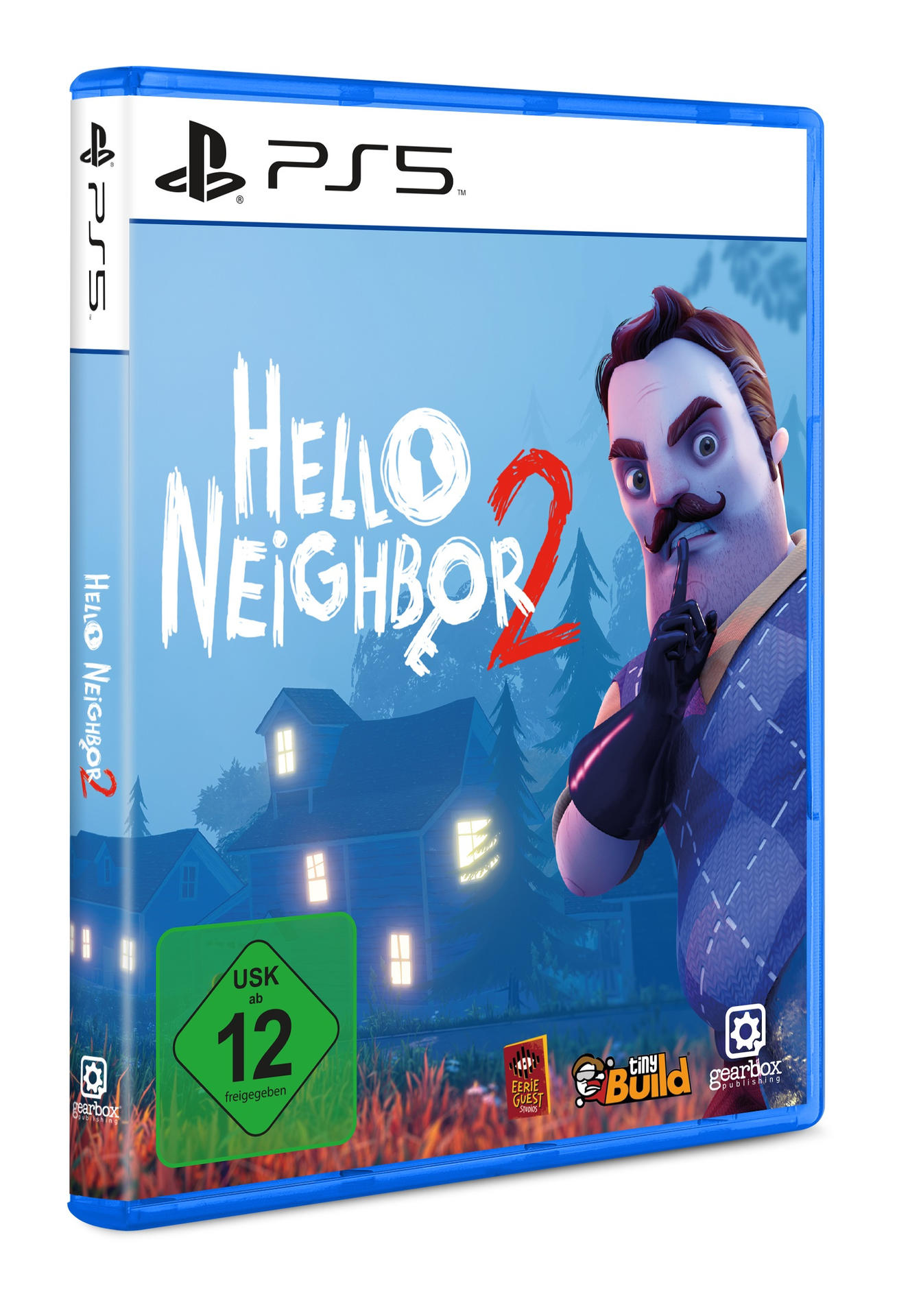 PS5-Spielbox für Hello Neighbor 2. Zeigt einen cartoonartigen Mann mit schwarzem Handschuh.