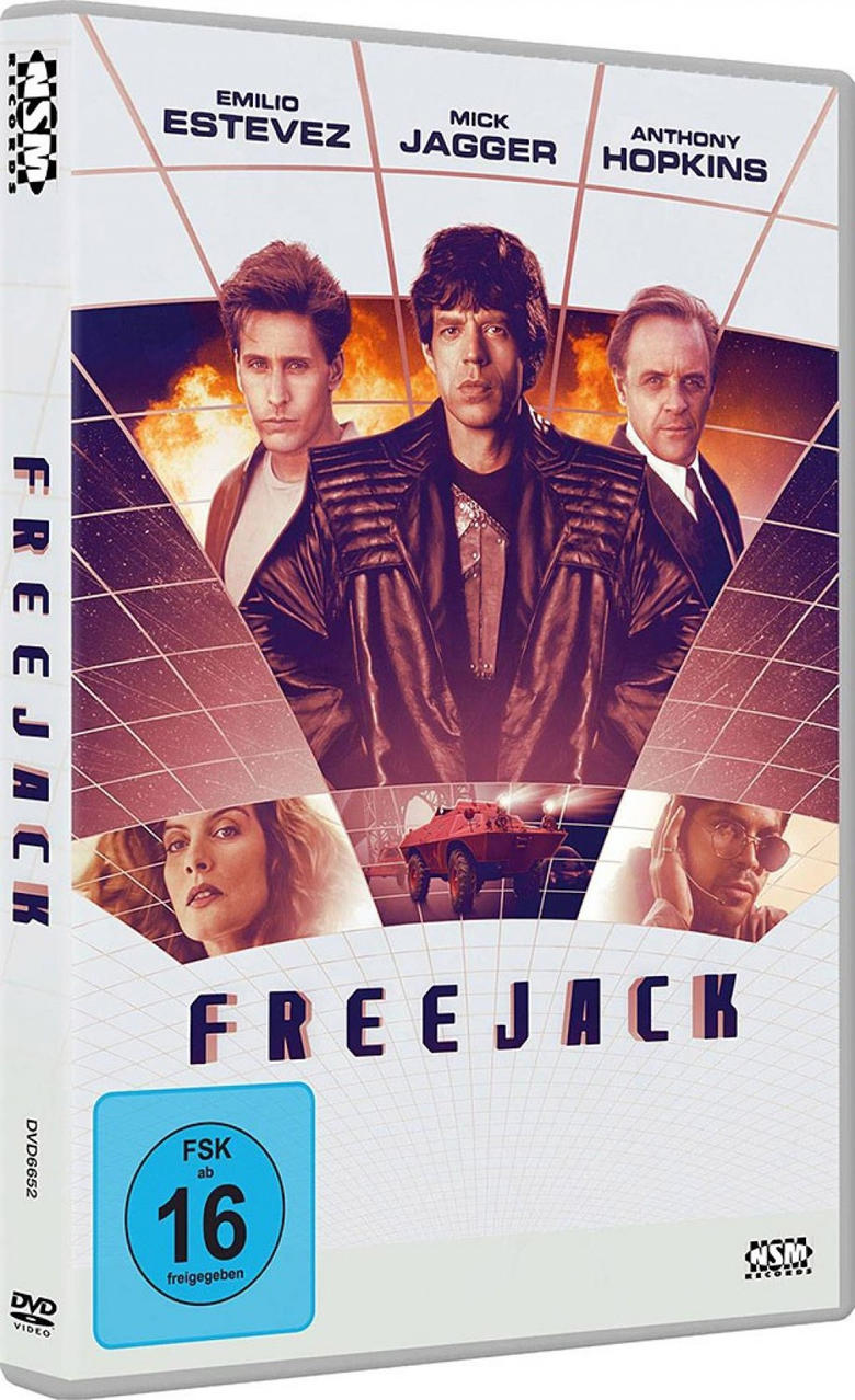 Freejack DVD-Cover mit den Schauspielern Emilio Estevez, Mick Jagger, Anthony Hopkins.