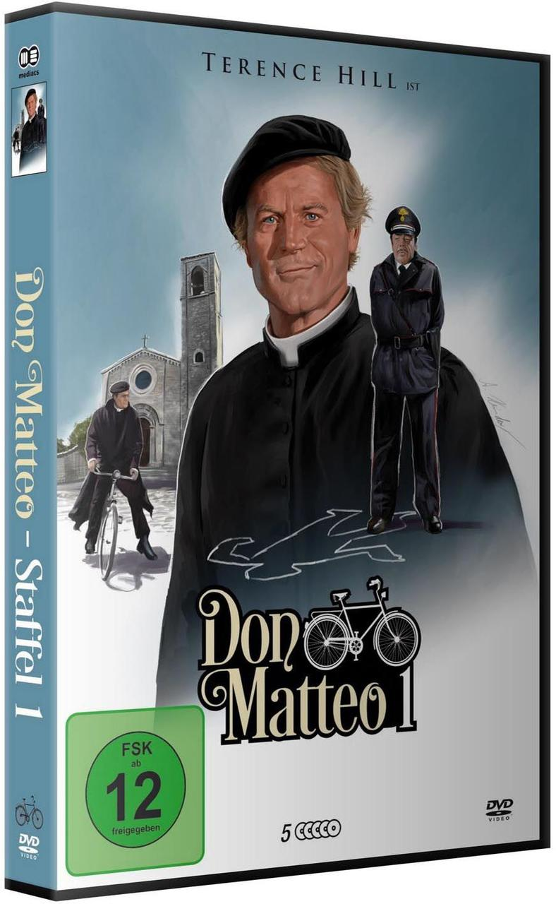 DVD-Box von Don Matteo - Staffel 1. Zeigt einen Mann in Schwarz und einen Mann in Polizeiuniform.